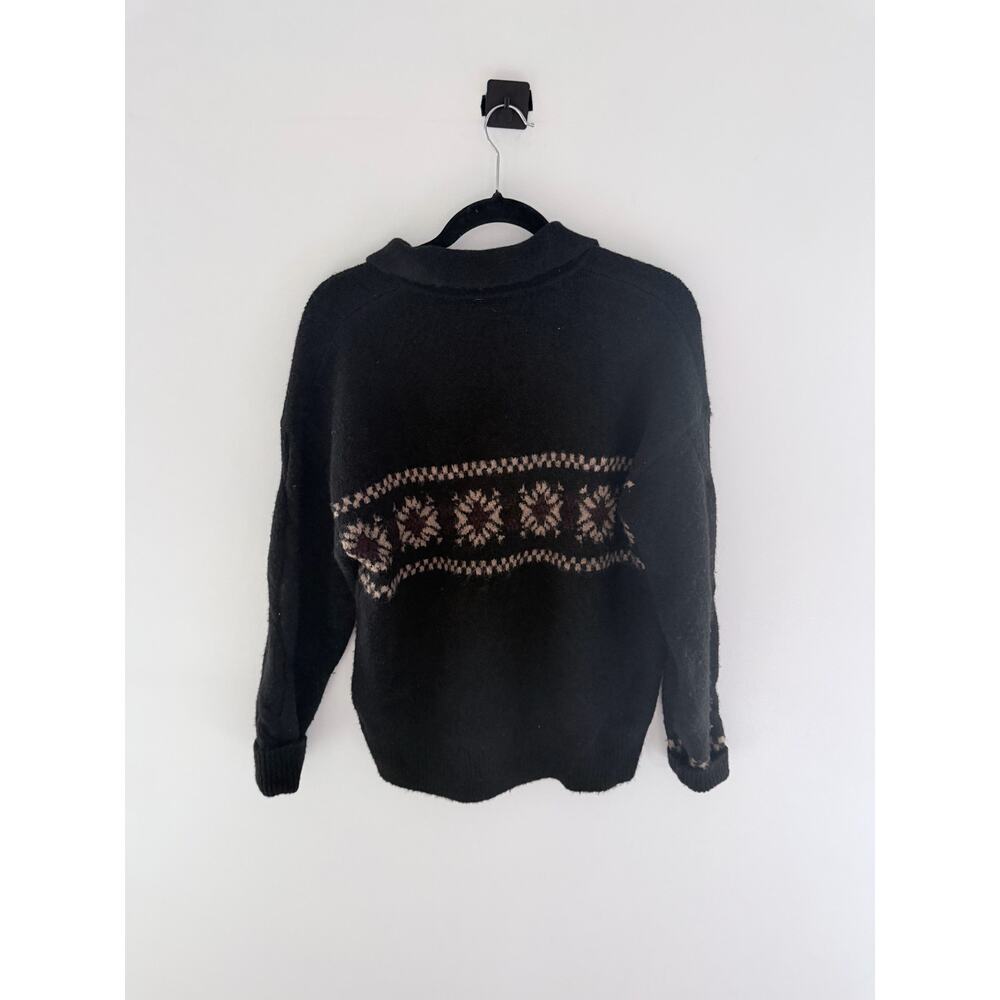Simple Retro Norah Snowflake Jacquard Black Polo Fair Isle Knit Sweater-Size L - Picture 5 of 7